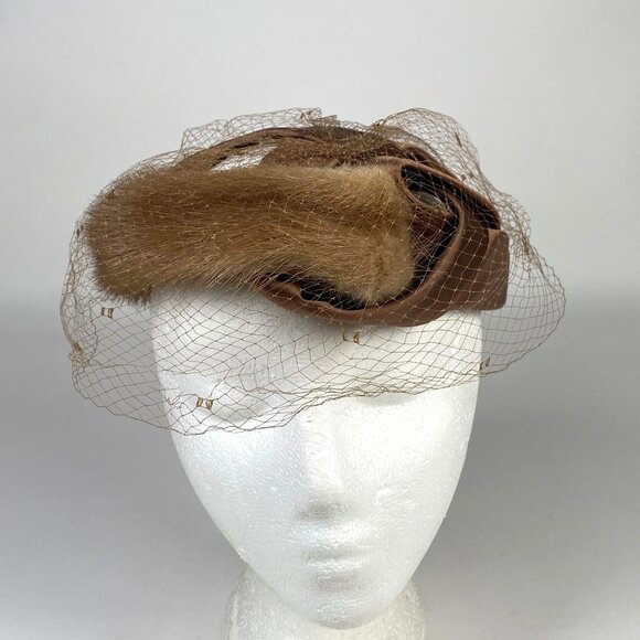 Vintage Roberta Bernays Brown Fur Satin Fascinator Hat Birdcage Veil Made USA main image 7